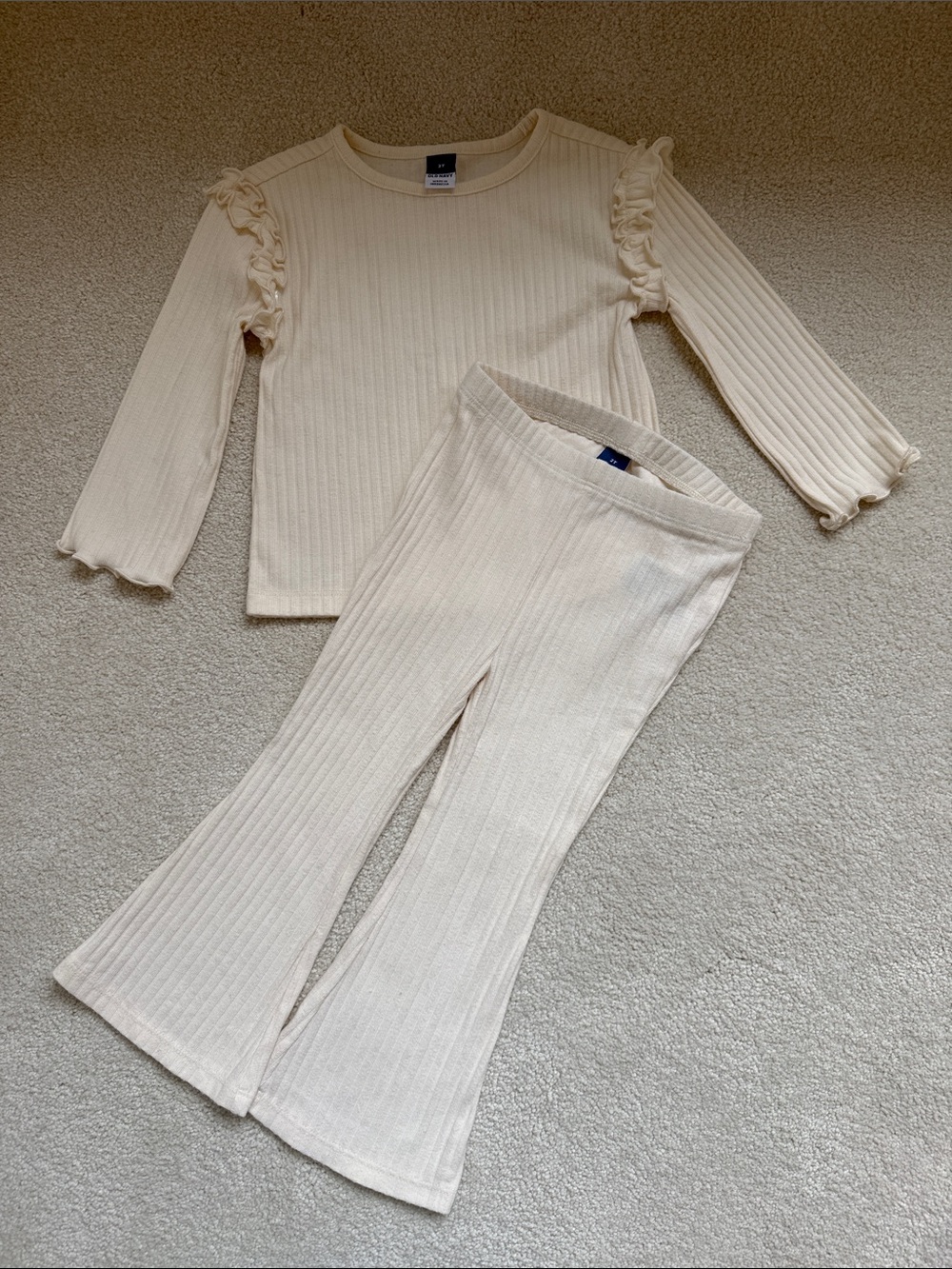 Old Navy Cream Ribbed Flare Pants & Ruffle Shoulder Top Set
